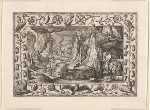Lot e as suas filhas, de Paisagens com cenas do Antigo e do Novo Testamento e cenas de caça de Adriaen Collaert