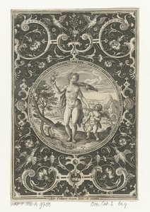 Medalhão com Vênus e Amor em uma moldura grotesca com flores, guirlandas, animais e mascarões Medalhões com figuras do Julgamento de Paris (título da série) de Adriaen Collaert