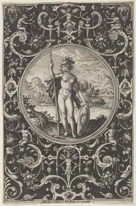 Minerva em uma moldura decorativa com grotescos, do julgamento de Paris, c1580-1600. de Adriaen Collaert