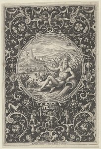 Netuno em uma moldura decorativa com grotescos, do julgamento de Paris, c1580-1600. de Adriaen Collaert