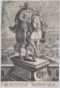 Ilustração 11: estátua equestre de Tito, vista três quartos à direita, Monte Vesúv..., ca. 1587-89. de Adriaen Collaert