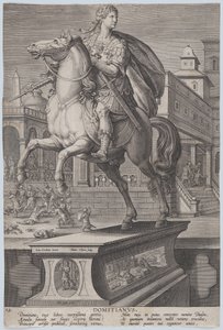 Gravura 12: estátua equestre de Domiciano, vista três quartos à esquerda, com seu ..., ca. 1587-89.