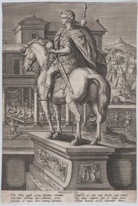 Ilustração 2: estátua equestre de Augusto, segurando um globo e vista por trás, com ..., ca. 1587-89.