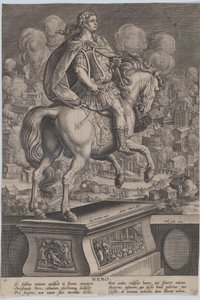 Ilustração 6: estátua equestre de Nero, vista por trás, o Grande Incêndio de Roma no..., c. 1587-89. de Adriaen Collaert