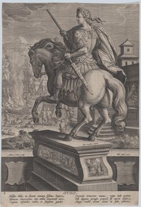 Ilustração 8: estátua equestre de Otão, vista por trás, cena da morte ao fundo..., c. 1587-89. de Adriaen Collaert