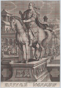 Gravura 9: estátua equestre de Vitélio, vista três quartos à esquerda, com seu ..., ca. 1587-89. de Adriaen Collaert