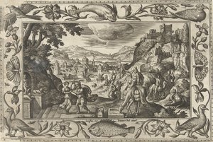 Rebekah e Elijah no poço
Paisagens com cenas bíblicas, mitológicas e cenas de caça (título da série) de Adriaen Collaert