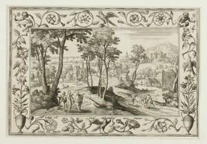 A Viagem a Emaús, a partir de Paisagens com cenas do Antigo e do Novo Testamento e cenas de caça de Adriaen Collaert