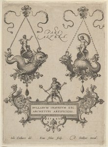 Placa de título com dois desenhos de pingente acima e Netuno em pé em um cartucho abaixo, 1582. de Adriaen Collaert