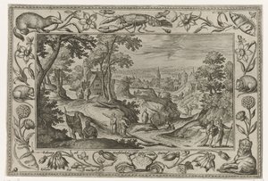 Transmissão dos Apóstolos Paisagens com cenas bíblicas, mitológicas e de caça (título da série) de Adriaen Collaert