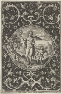 Vênus e Cupido em uma moldura decorativa com grotescos, do Julgamento de Paris..., c1580-1600. de Adriaen Collaert