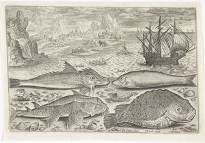 Quatro peixes na praia
Peixe (título da série)
Piscivm vivae icones (título da série) de Adriaen Collaert