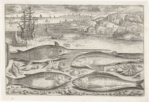 Quatro peixes na praia
Peixe (título da série)
Piscivm vivae icones (título da série) de Adriaen Collaert