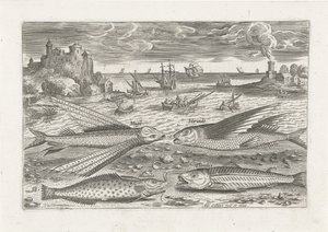 Quatro peixes na praia Pesca (título da série) Ícones de Piscium vivae (título da série) de Adriaen Collaert
