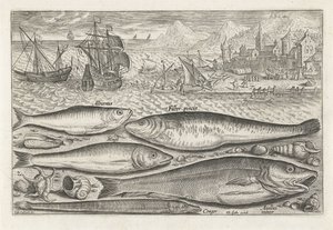 Cinco peixes na praia
Peixe (título da série)
Piscivm vivae icones (título da série) de Adriaen Collaert