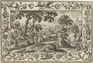 Voo para o Egito Paisagens com cenas bíblicas, mitológicas e de caça (título da série) de Adriaen Collaert