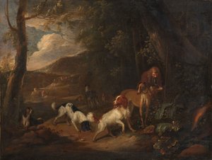 Caçador com cães à beira de uma floresta de Adriaen Cornelisz Beeldemaker