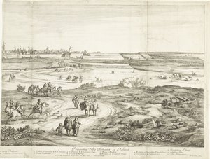 Vista de Bethune (folha direita) Veuë de la Ville de Bethune en Artois (título no objeto) de Adriaen Frans Boudewyns
