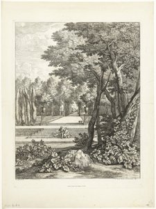Paisagem com casal sentado em escadas no jardim