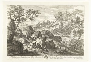 Paisagem com cavaleiros em um afloramento rochoso Paisagens com caçadores (título da série) de Adriaen Frans Boudewyns