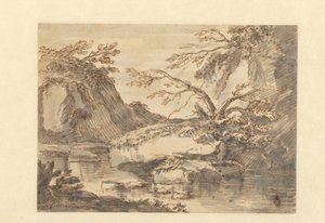 Paisagem com grandes rochas na água de Adriaen Honich (attributed to)