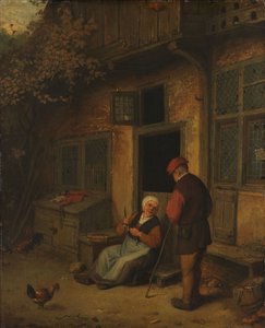 Uma mulher a esventrar arenques em frente à sua casa de Adriaen Jansz. van Ostade