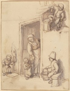 Folha de estudo com uma mãe e sua filha na porta da frente, dois meninos sentados. 1660s de Adriaen Jansz. van Ostade