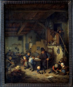 O mestre da aula de Cena da escola, um antigo professor com alunos pequenos de origens favoritas. Pintura de Adrien van Ostade (1610-1685) 1662 Sol. 0,4x0,32 m de Adriaen Jansz. van Ostade