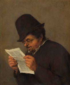 Velho camponês lendo um jornal, c.1647 (óleo sobre carvalho) de Adriaen Jansz. van school of Ostade