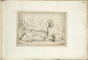 Cão ao lado de equipamento de caça e pilhagem na paisagem de Adriaen Matham (signed by artist)