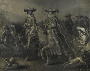Friedrich V (1596-1632), eleitor do Palatinado, Rei da Boémia, e a sua esposa Elizabeth Stuart (1596-1662) a cavalo