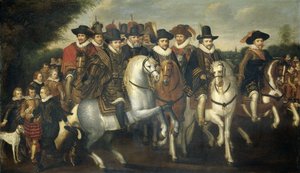 Príncipe Maurício Acompanhado por seus dois irmãos, Frederico V, Eleitor Palatino e Condes de Nassau a cavalo, c.1625