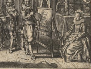Pintor e modelo feminino em estúdio Houwelyck (título da série) de Adriaen Pietersz van de Venne