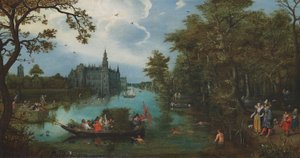 Paisagem de verão com grupo de barcos e banhistas