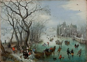 Paisagem de inverno com patinadores perto de um castelo, 1615