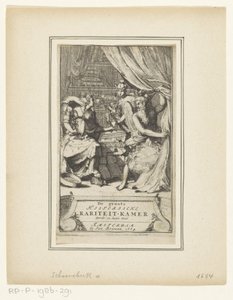 Representação alegórica com Pai Tempo, Mercúrio e Sabedoria A Grande Sala Histórica da Curiosidade Terceiro e Último Volume (título no objeto) Página de título para: Simon de Vries, O desconto de tempo mais nobre das mentes conhecedoras, ou O grande rar hi de Adriaen Schoonebeek