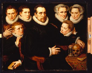 Um retrato de grupo de um cavalheiro de 57 anos, sentado três quartos, ao lado de uma mesa com uma caveira, uma ampulheta e um livro, com suas três filhas, 30, 23 e 12 anos, e seus três filhos, 19, 18 e 18 anos. 14