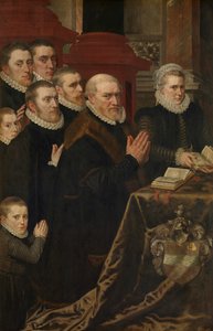 Calvário e a Família de Gillis de Smidt e Maria de Deckere (óleo sobre painel) de Adriaen Thomasz Key