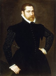 Retrato de um cavalheiro, comprimento de três quartos, vestindo um traje preto com babados brancos, 1564