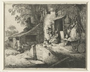 Mulher girando na frente de uma casa A mulher girando na porta de Adriaen van Ostade (signed by artist)