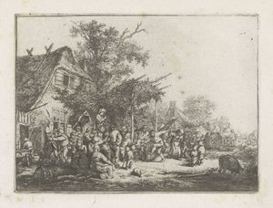 Camponeses dançando na frente de uma pousada de Adriaen van Ostade