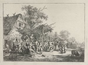 Camponeses dançando na frente de uma pousada de Adriaen van Ostade