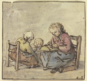 Três raparigas, a mais velha a fazer renda de bilros de Adriaen van Ostade