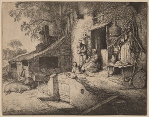 Quinta com uma família camponesa à porta de entrada, a mulher fia de Adriaen van Ostade
