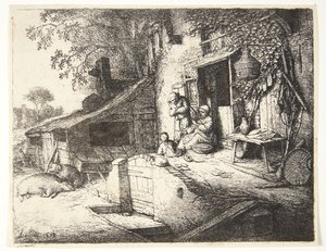 Mulher a girar em frente de uma quinta de Adriaen van Ostade