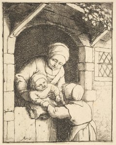 Menina brincando com um bebê nos braços de sua mãe, 1610-85.