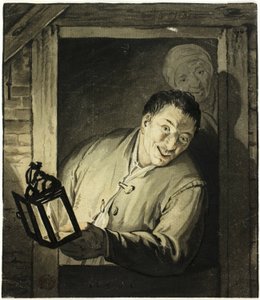 Homem com lanterna na porta de Adriaen van Ostade