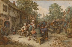 Festa dos camponeses numa rua da cidade de Adriaen van Ostade