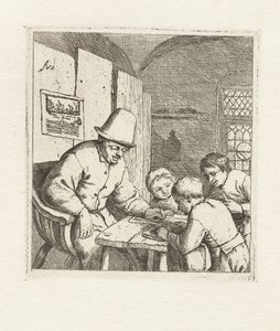 Schoolmaster com três estudantes na mesa A escola de Adriaen van Ostade