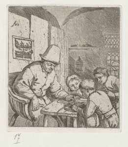 Professor escolar com três alunos à mesa de Adriaen van Ostade